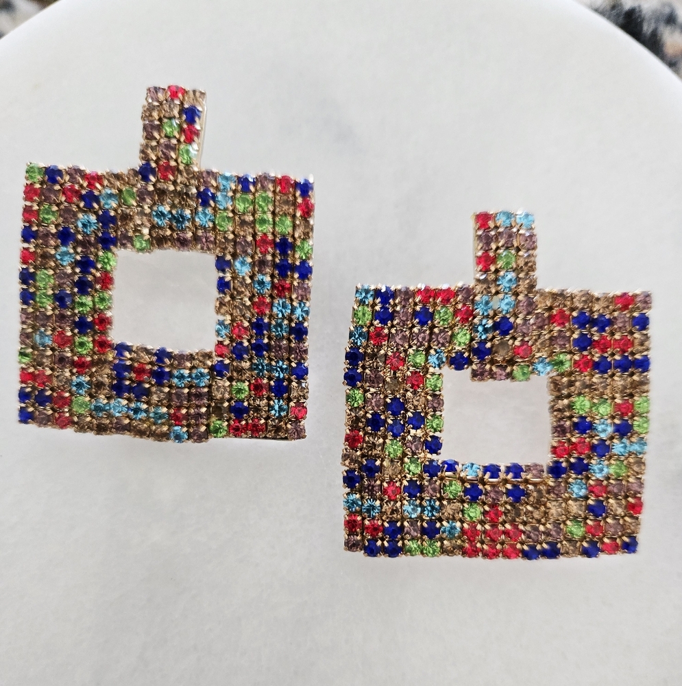 Colorful Square Rhinestone Earrings